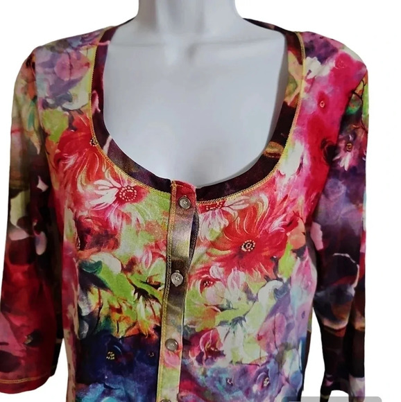 Y2K Artsy Floral Button Down Blouse Medium Boho Whimsygoth Preppy Red Black Top - Picture 3 of 6